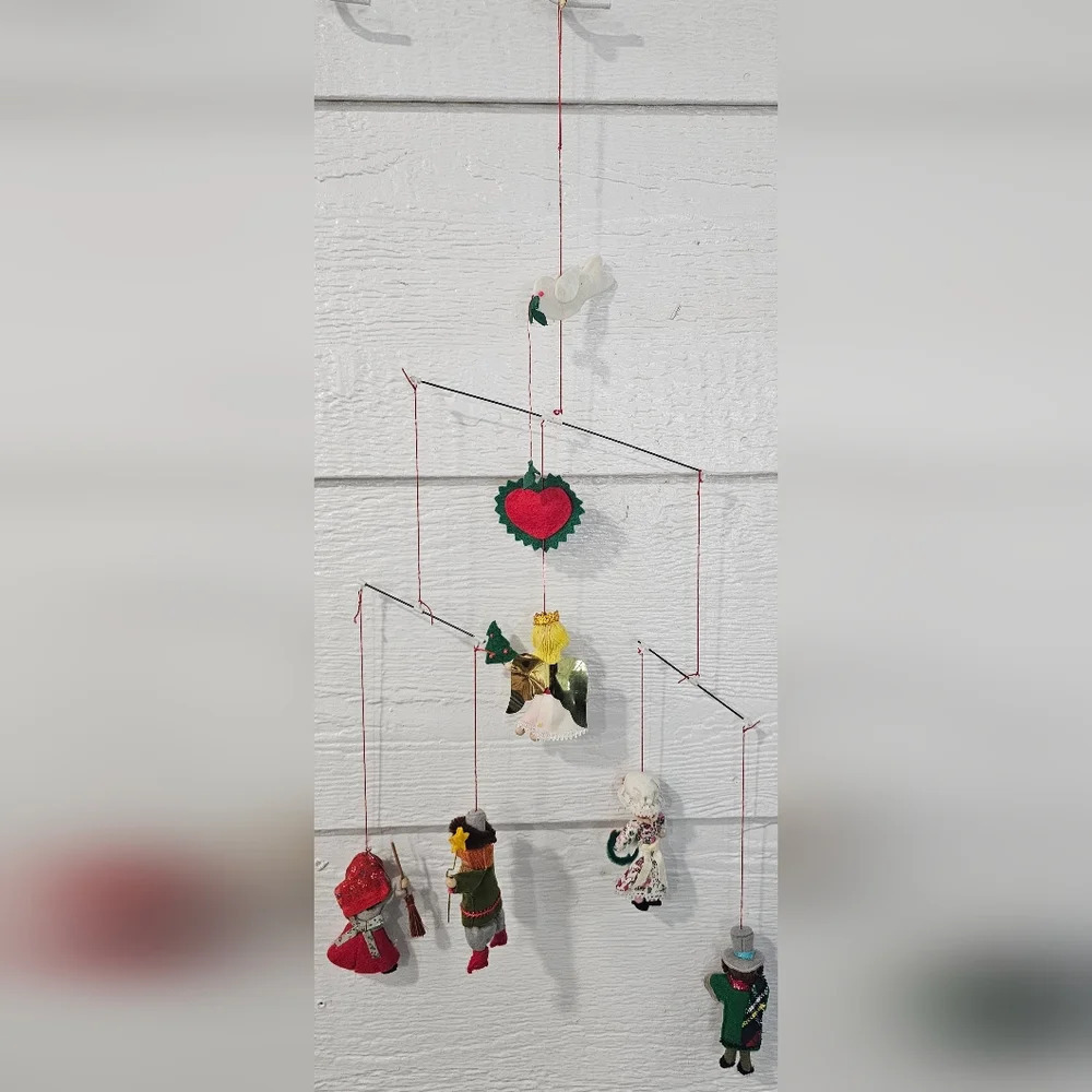 Vintage 1981 Sears Handmade Mobile Christmas Around the World Felt Wood Figures